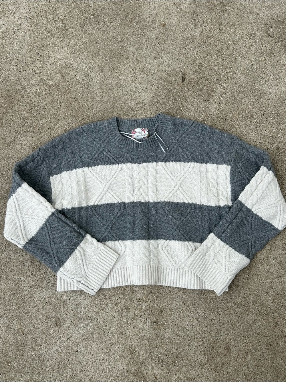 Pink Republic Gray & White Striped Cable Crewneck Sweater